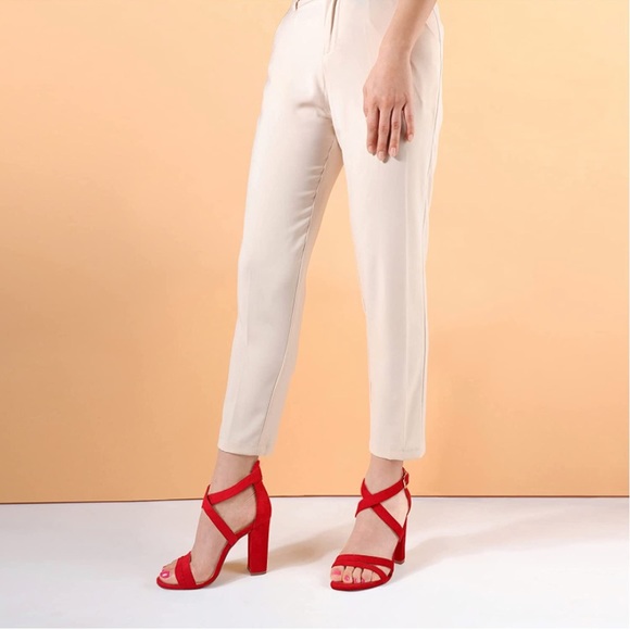 Chunky High Heel Sandal Strappy Open Toe Ankle Strap Red Suede - Picture 2 of 6